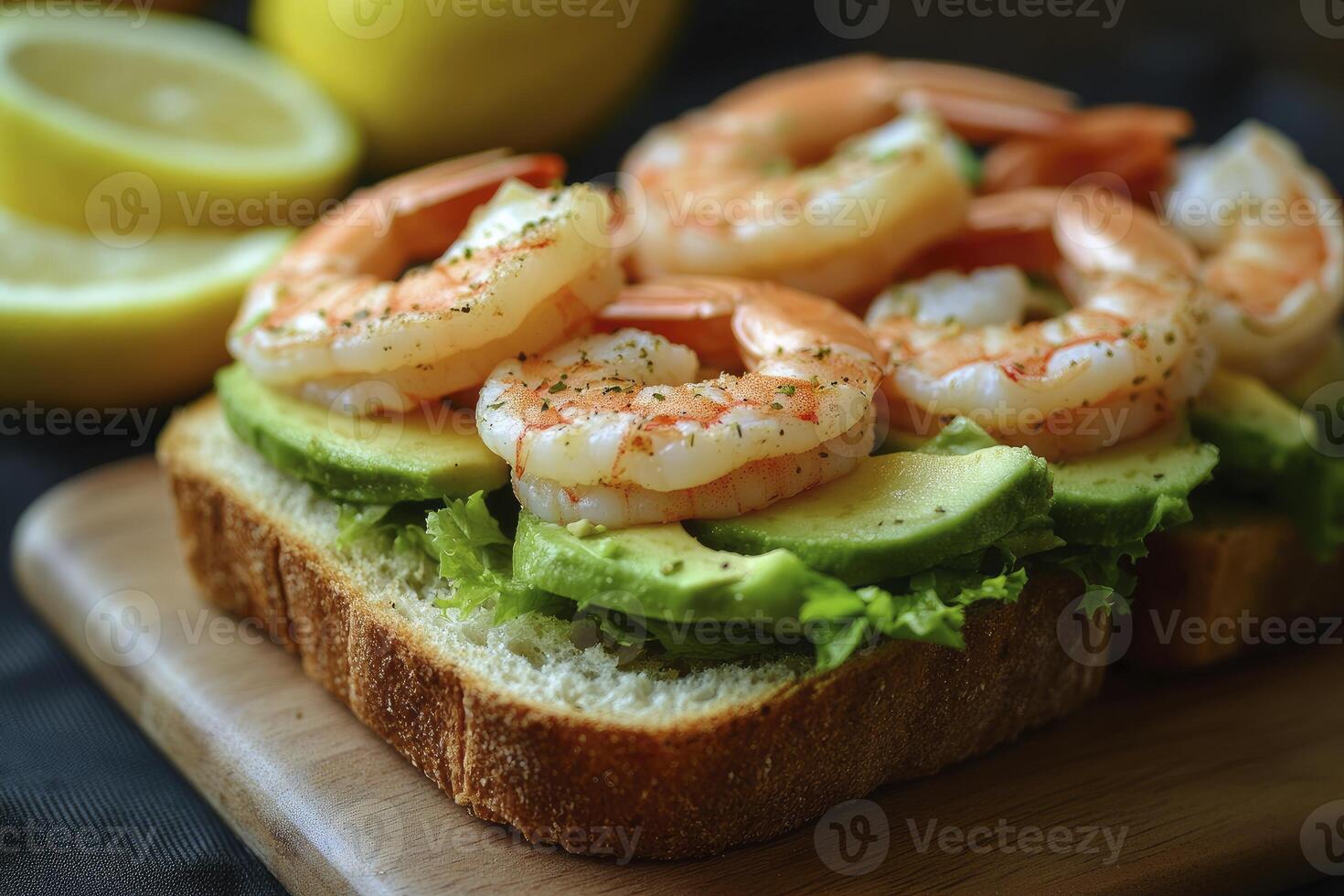 Shrimp and Avocado Toast with Lemon Ready to Eat Close-up photo