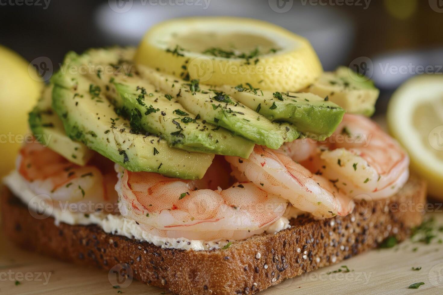 Shrimp Avocado Toast with Cream Cheese and Lemon Slice Topping photo