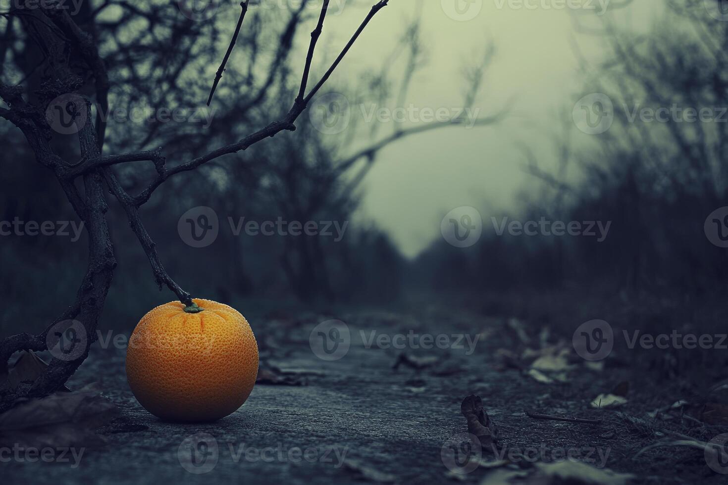 Orange on Forest Path Under Bare Tree Branches in Moody Lighting photo