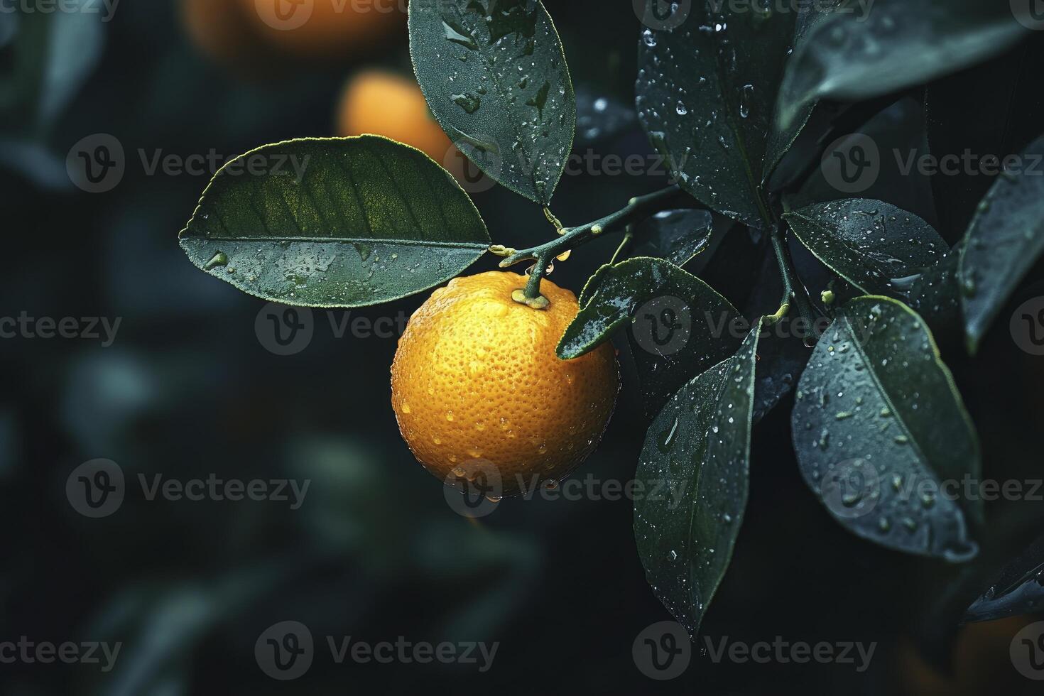 Close-up of Fresh Orange Growing on Tree with Rain Drops photo