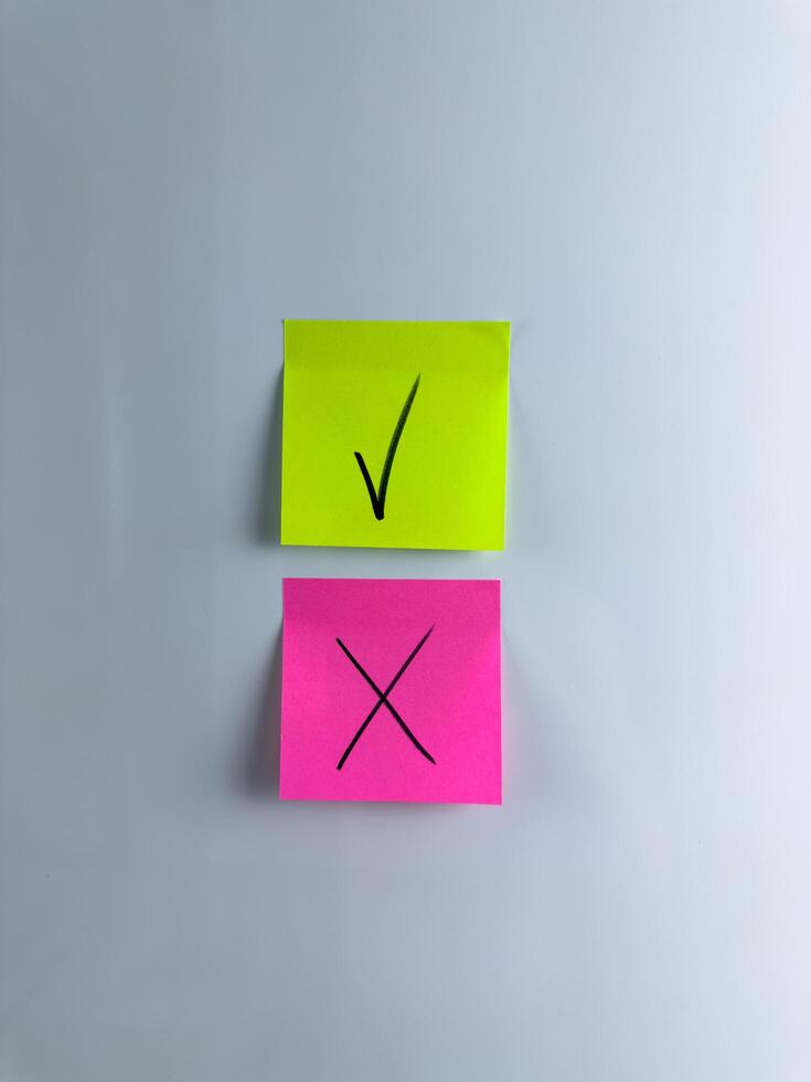 Answer choice symbol with check mark and cross on sticky note photo