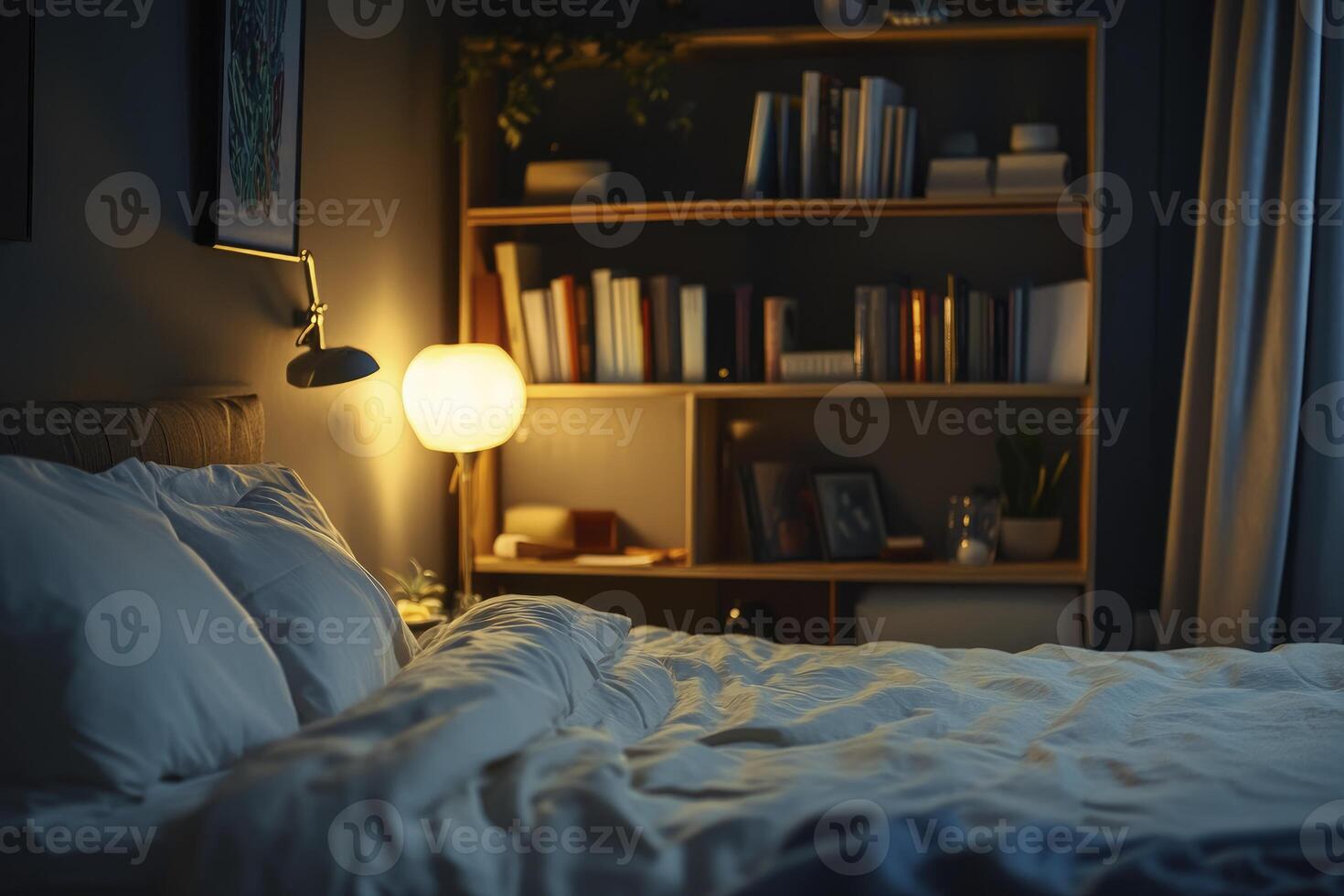 Cozy Bedroom Interior with Bedside Lamp and Bookshelf at Night photo