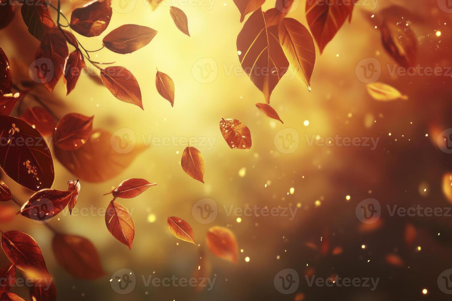 Falling Autumn Leaves Background with Warm Sunlight and Bokeh Effect photo