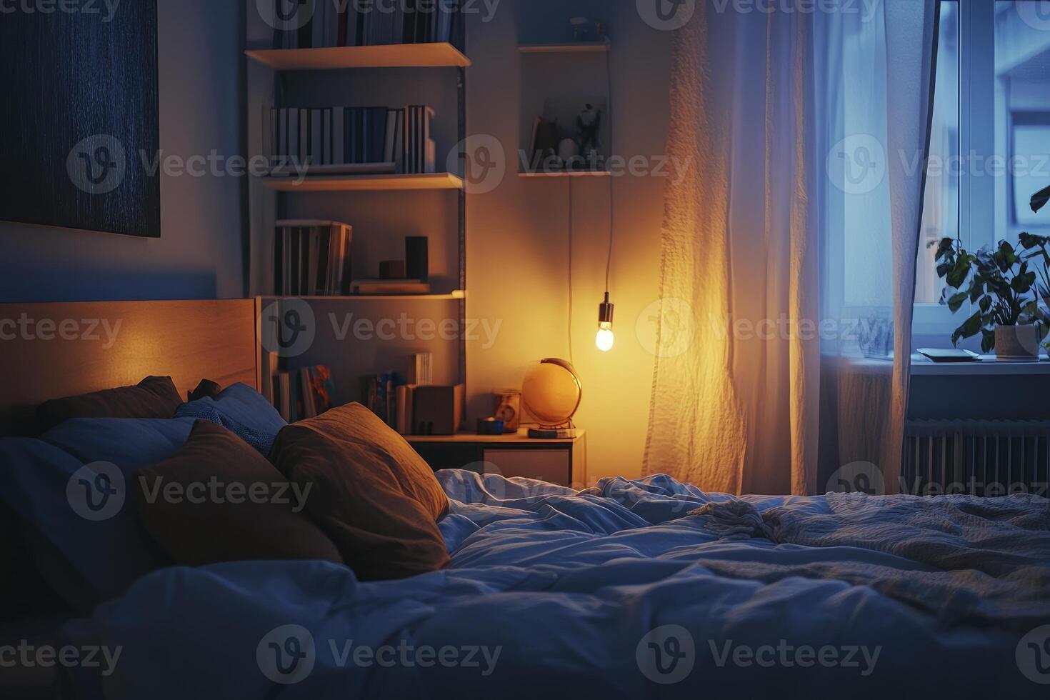 Cozy Bedroom Scene with Soft Lighting From the Hanging Bulb photo