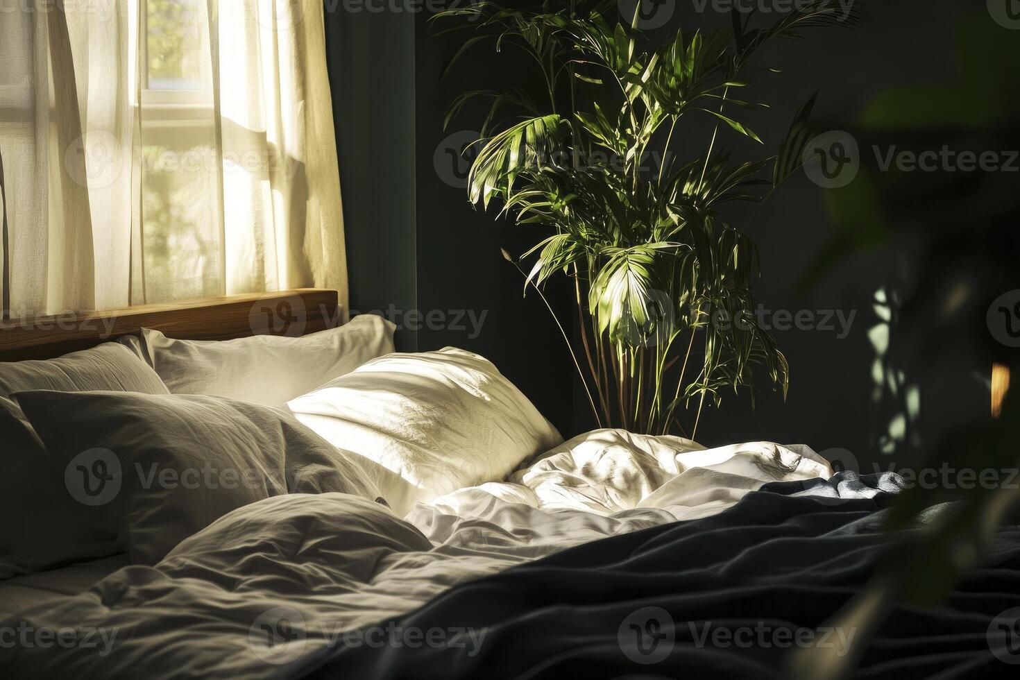 Cozy Bedroom Interior with Unmade Bed and Natural Light Streaming in photo