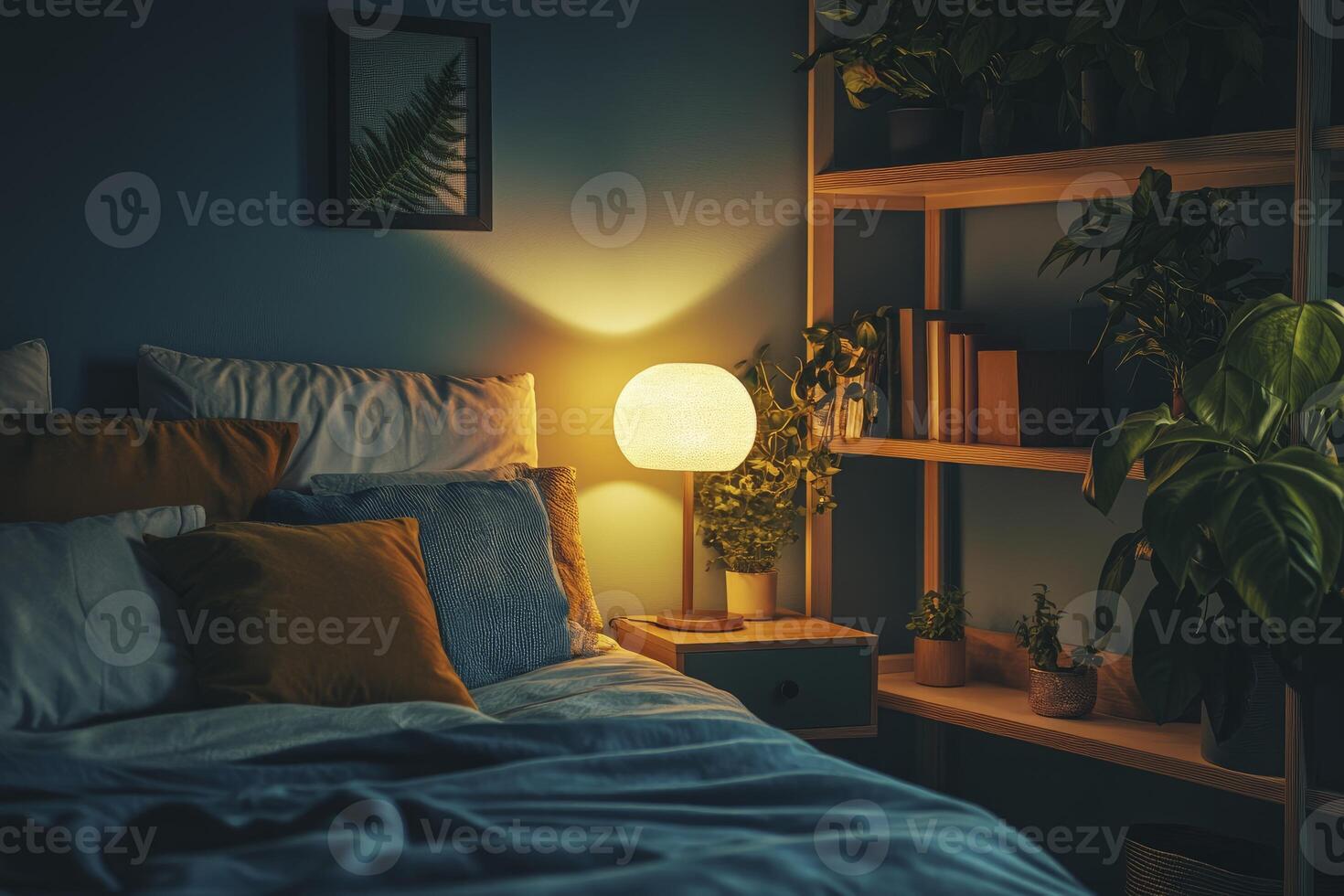 Cozy Bedroom with Glowing Lamp Plants and Soft Bedding for Relaxation photo