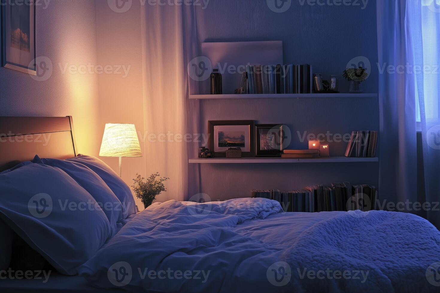Comfortable Bedroom Setting at Night with Bedside Lamp and Bookshelf photo