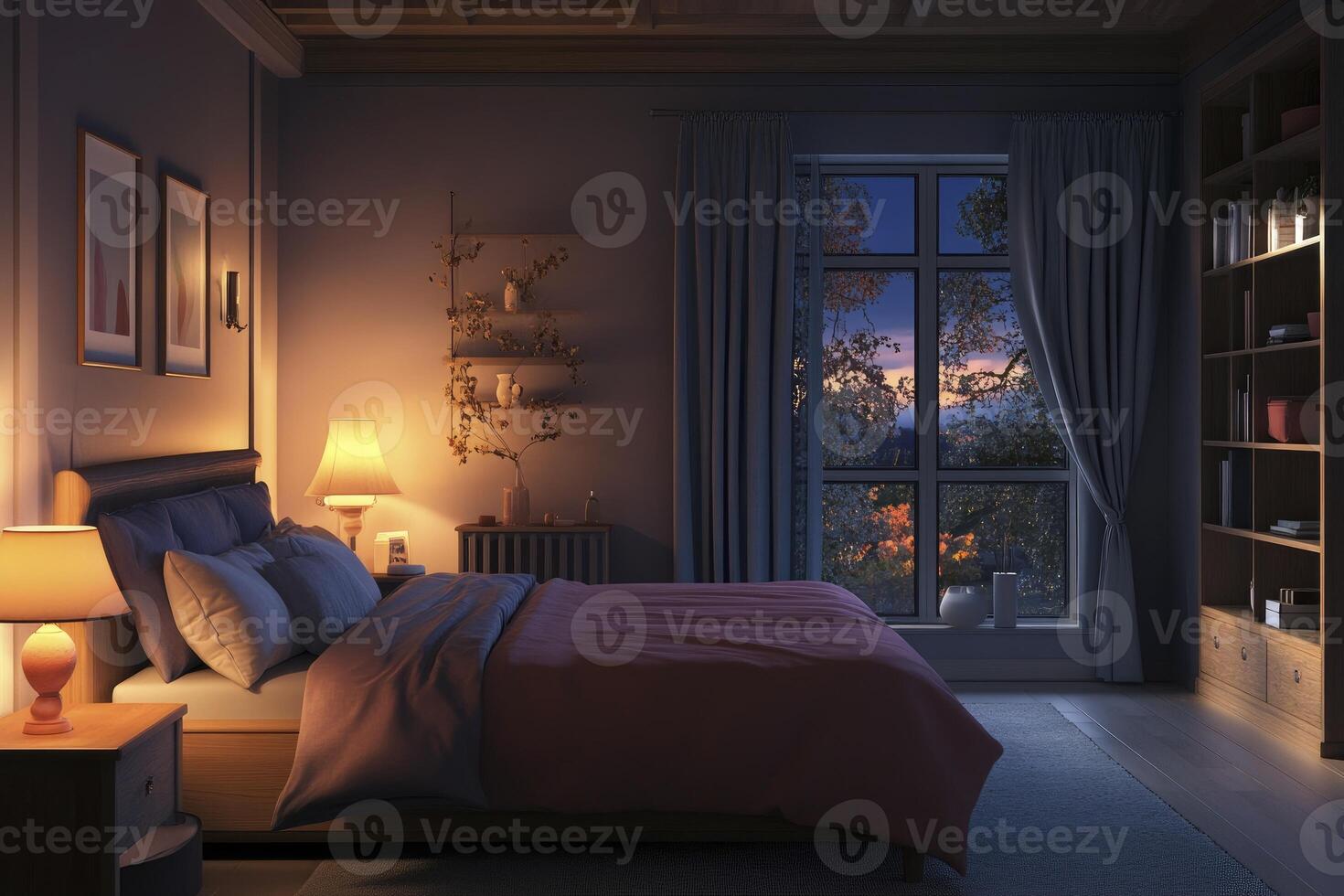 Cozy Bedroom Interior at Night with Window View and Ambient Lighting photo