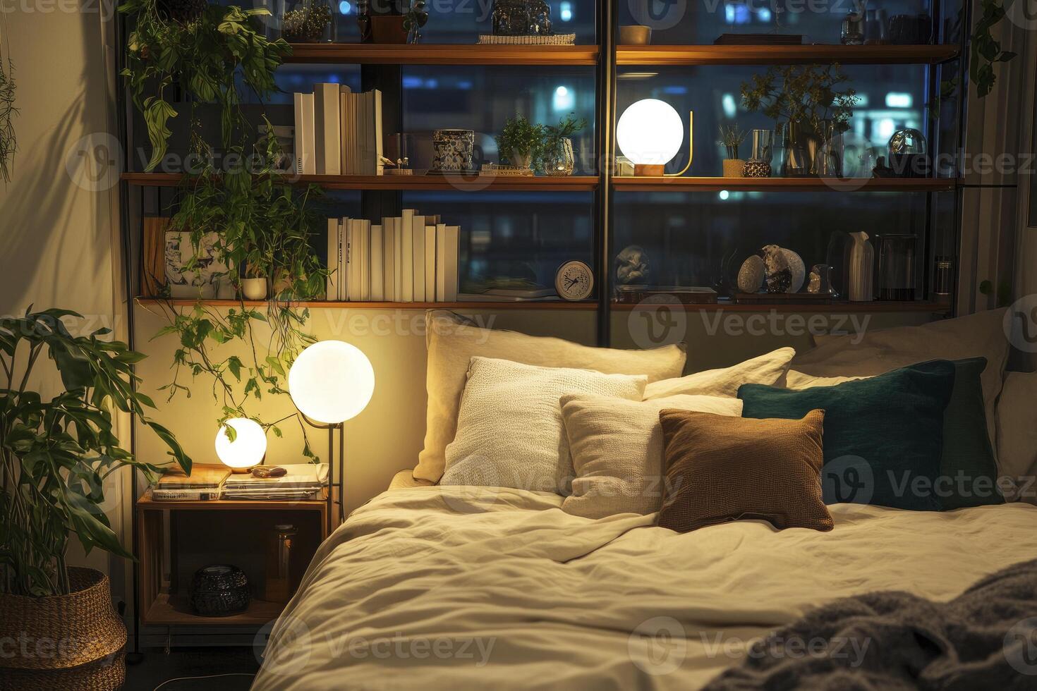 Bedroom Interior with Glowing Globe Lamps and Shelves at Night photo