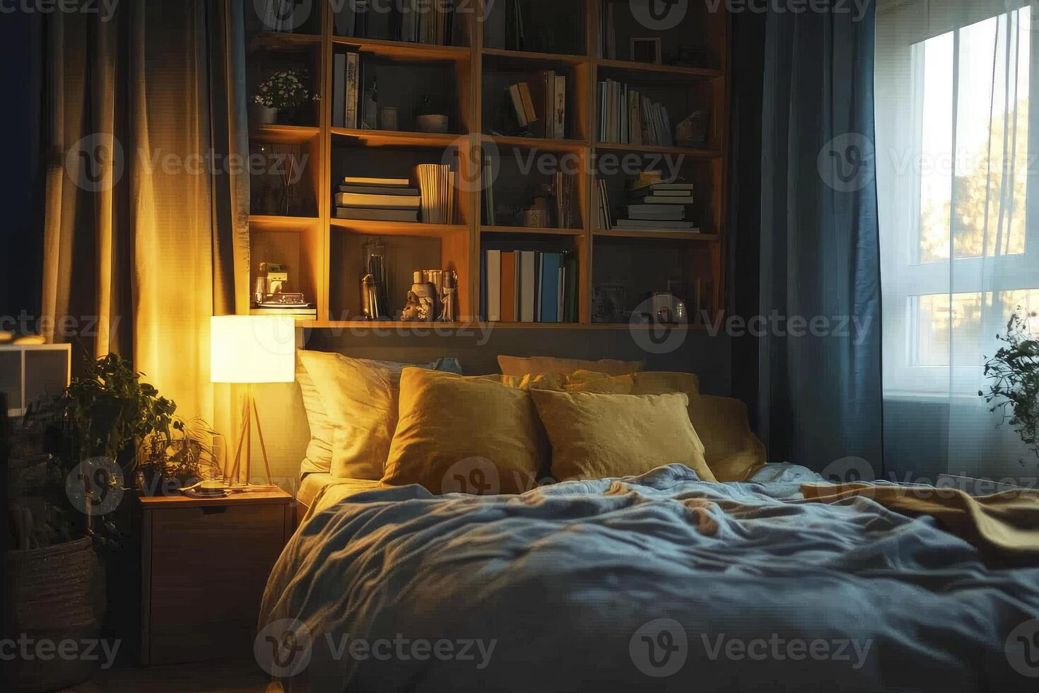 Inviting Bedroom with Cozy Bed, Lamp Lighting and Bookshelf Interior photo