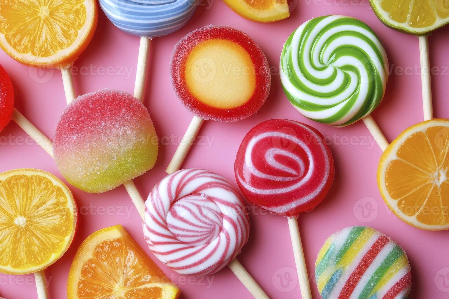 Colorful Lollipops and Citrus Slices on Pink Background Sweet Treats Still photo