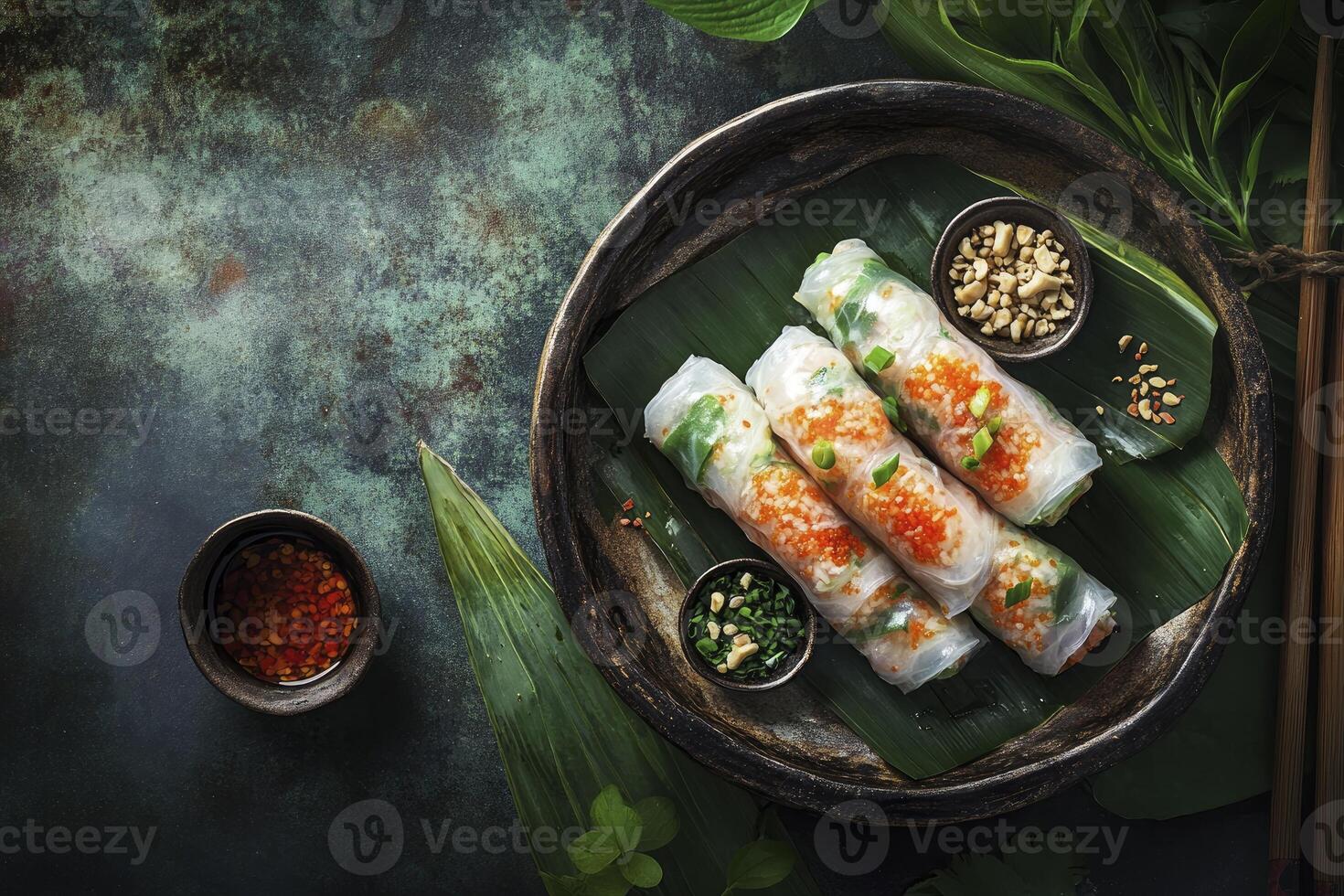 Serving Delicious Vietnamese Spring Rolls with Dipping Sauce and Peanut Topping photo