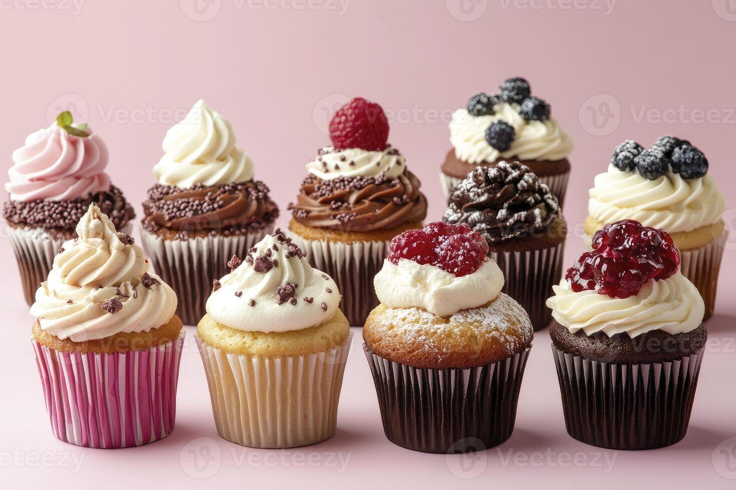 Assorted Cupcakes with Frosting and Berries on a Pink Background photo