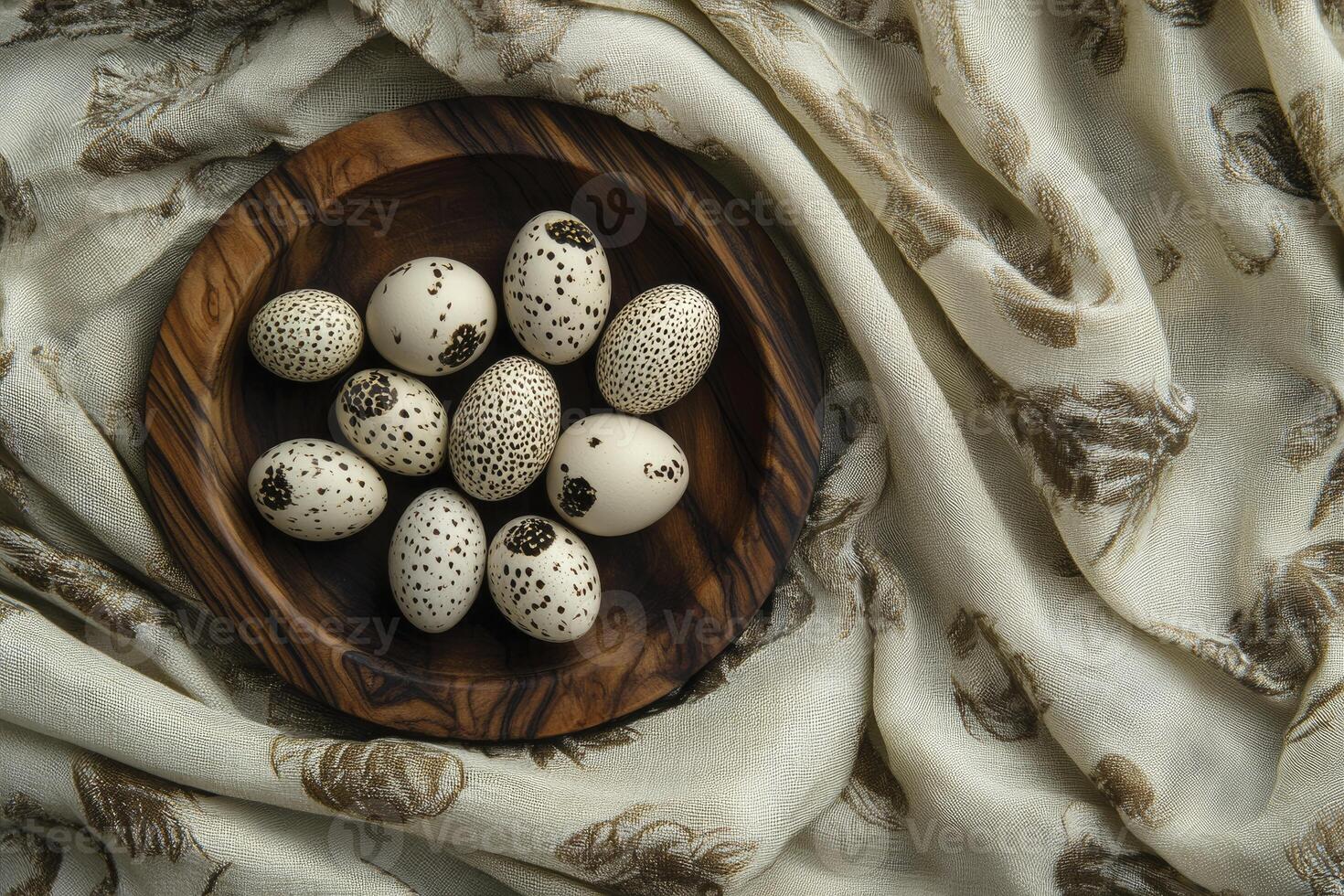 Quail Eggs in Wooden Bowl with Delicate Floral Background Texture photo