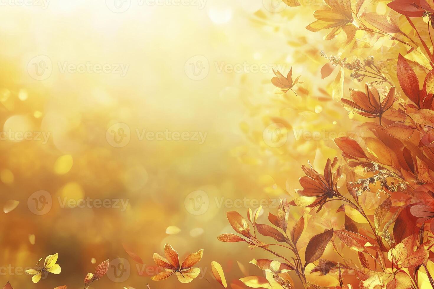 Falling Autumn Leaves with Golden Light Background for Seasonal Designs photo