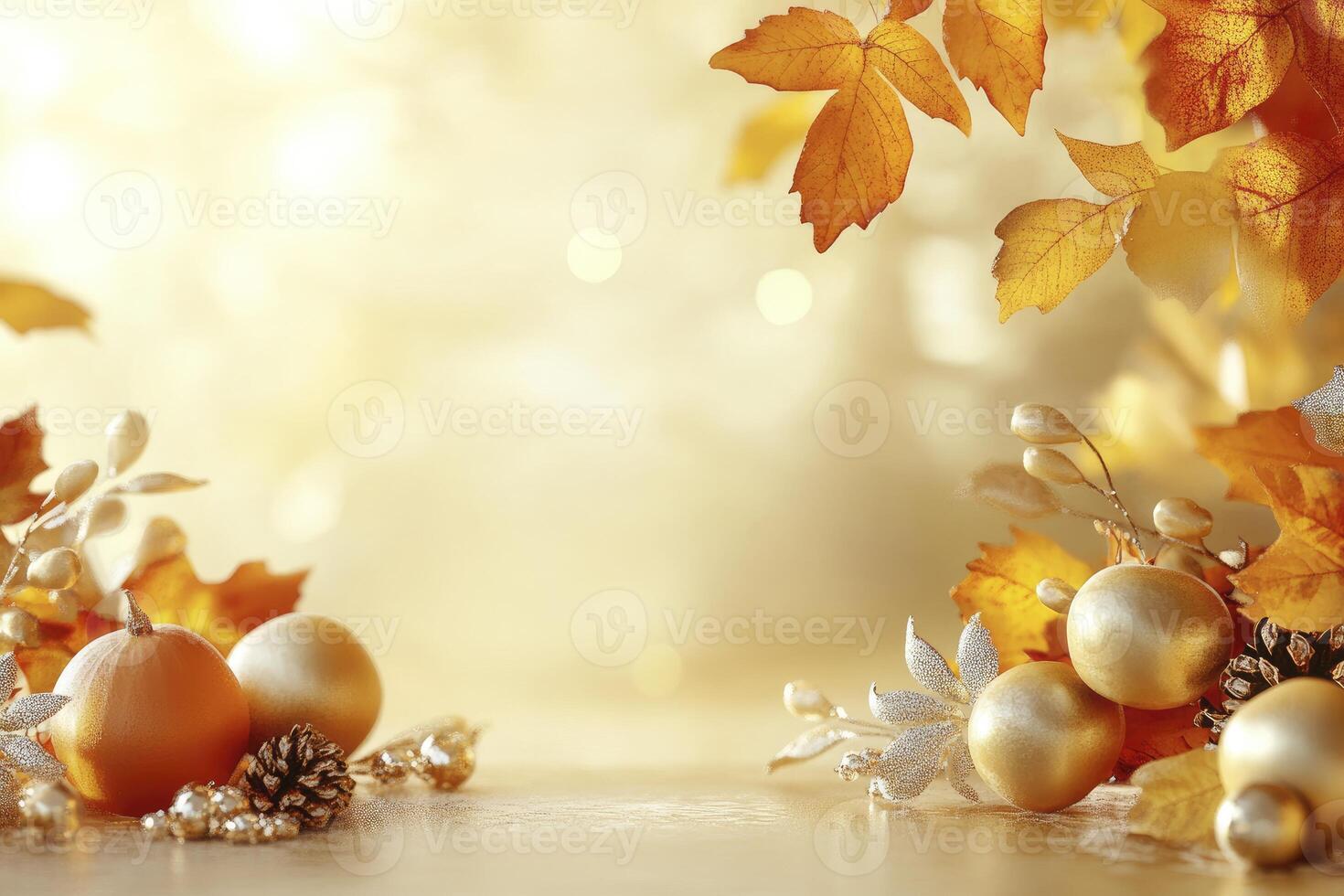 Autumn Still Life Featuring Pumpkin, Ornaments and Leaves in Golden Light photo