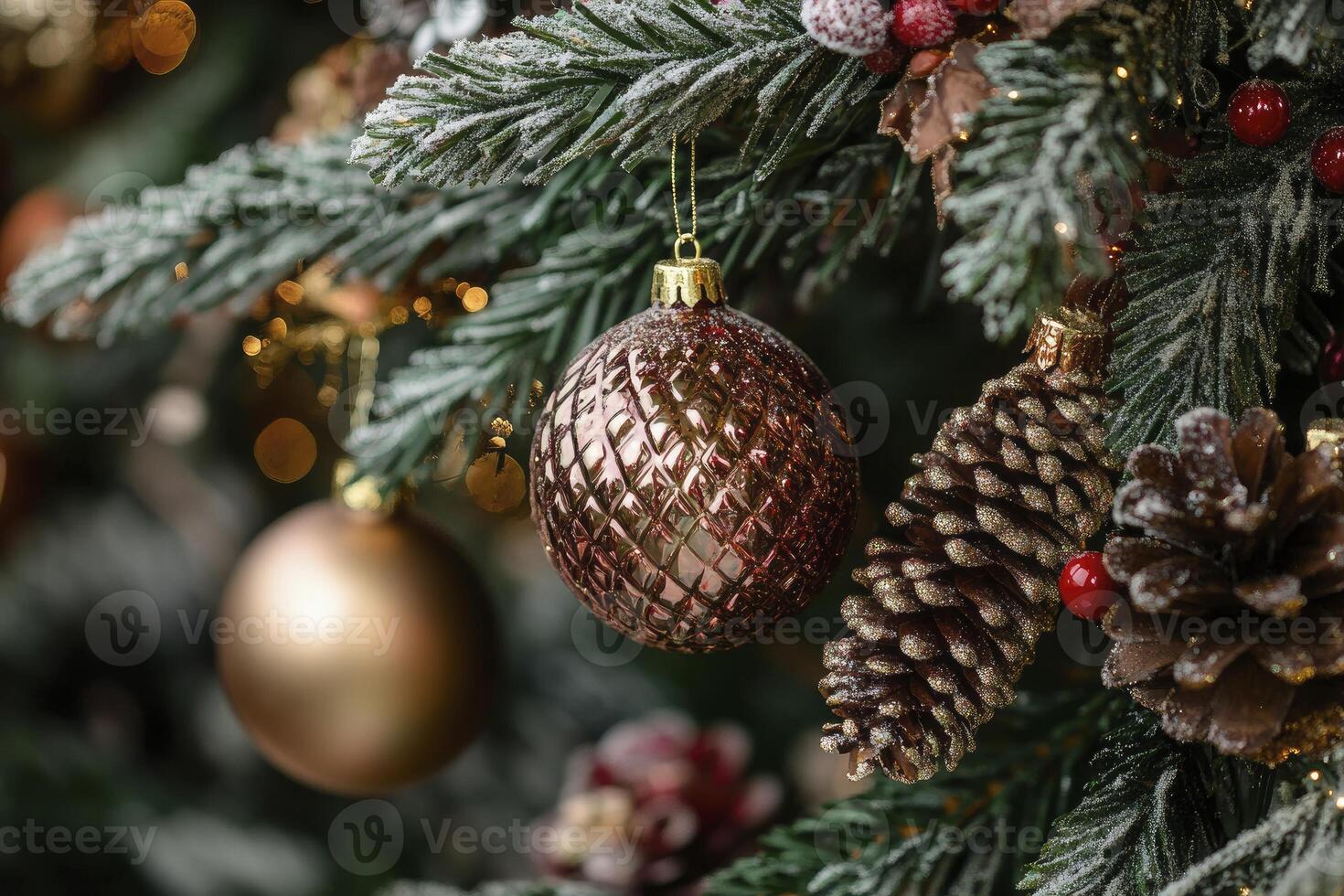 Decorated Christmas Tree with Shiny Ornaments and Pine Cones photo