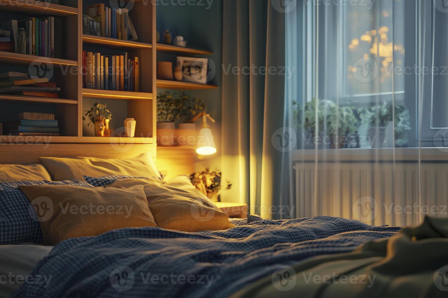 Cozy Bedroom Interior with Bed and Bookshelf in Warm Evening Light photo