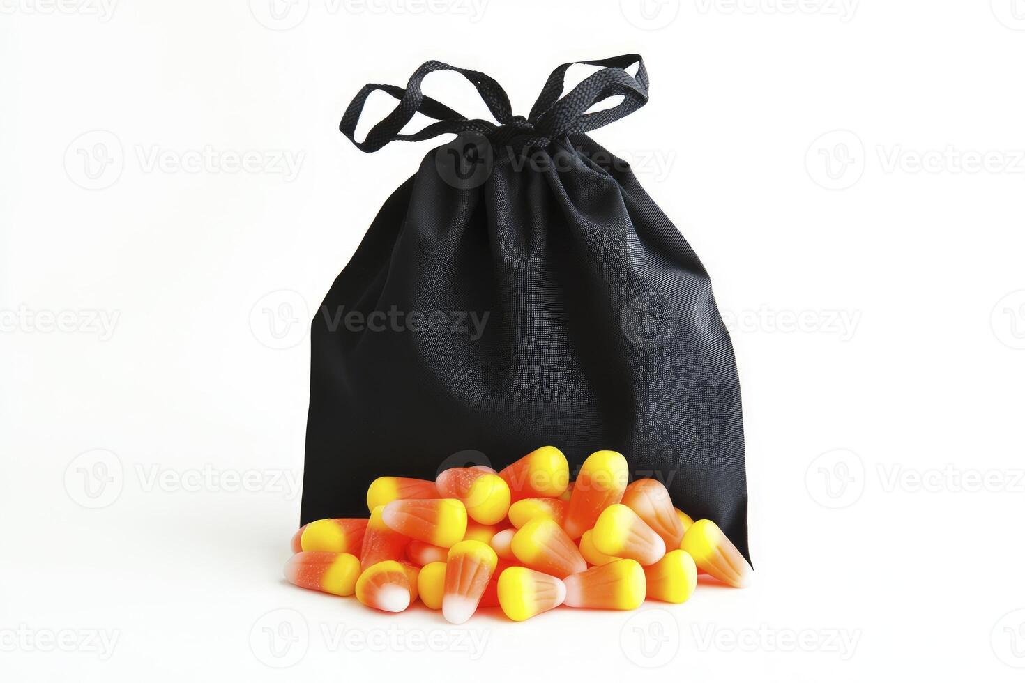 Candy Corn Piled Near Black Drawstring Bag Isolated on White Background photo