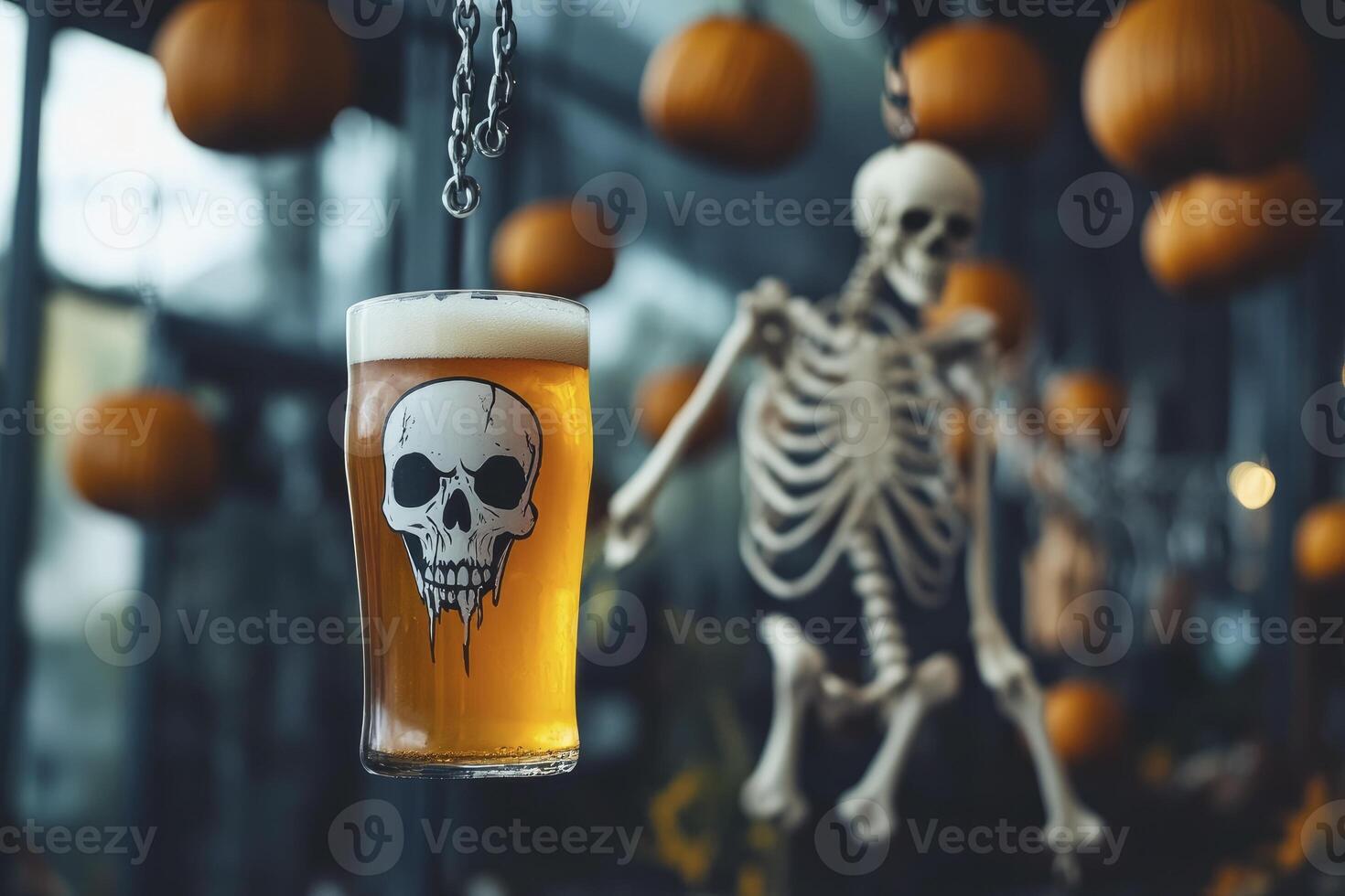 Skull Beer Halloween Decoration with Hanging Pumpkins and Skeleton photo