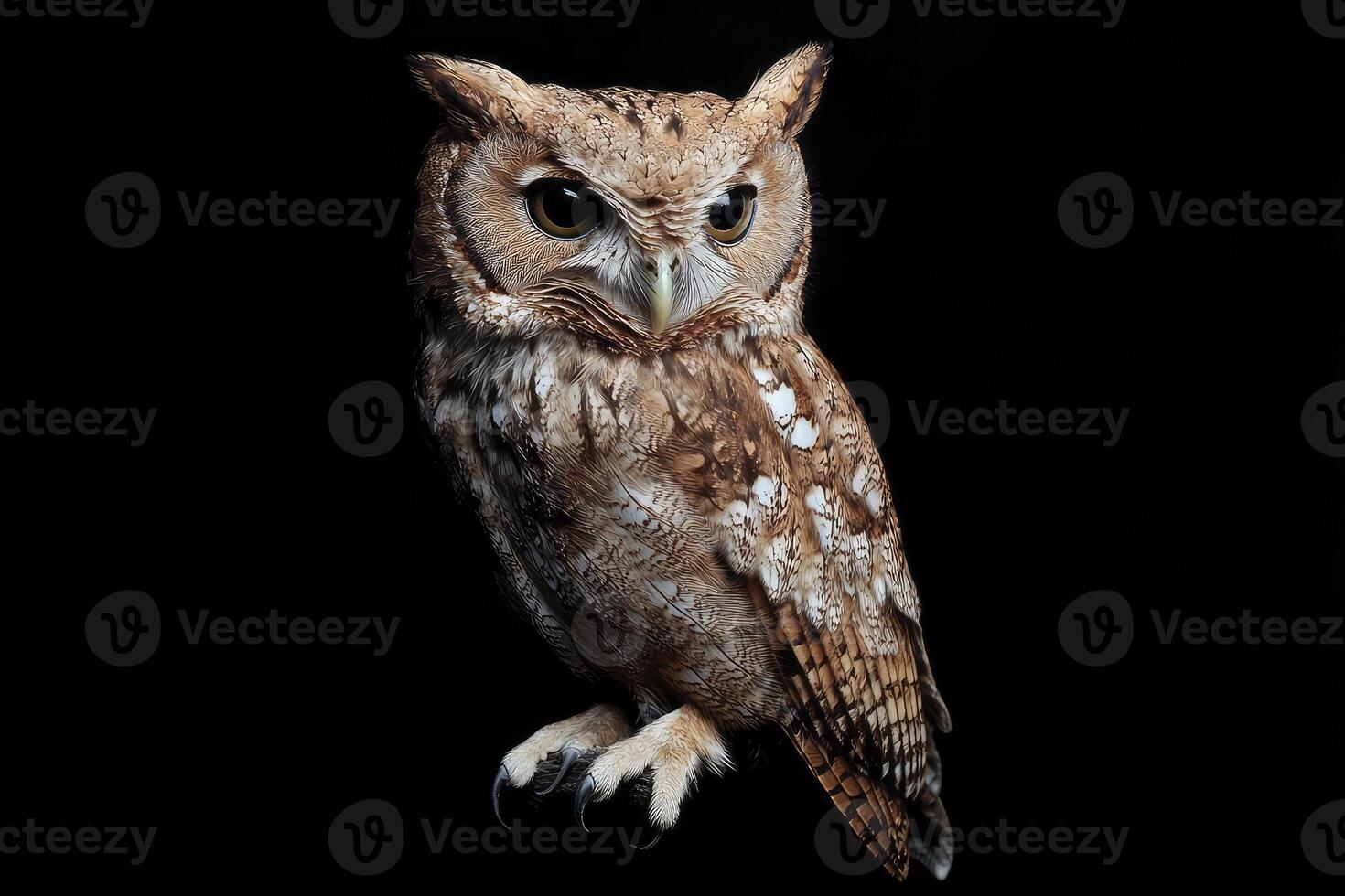 Eastern Screech Owl Portrait on Black Background Looking Forward Directly photo