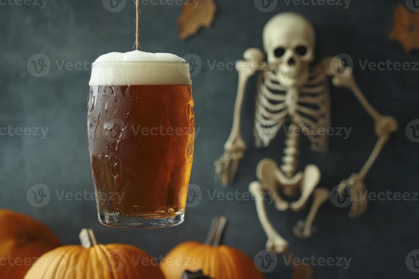 Halloween Beer Celebration Still Life with Pumpkins and Skeleton Decoration photo
