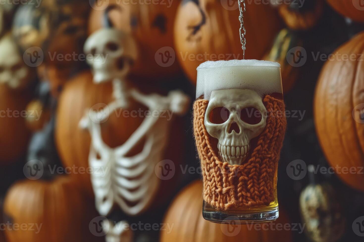Halloween Beer with Skull Decoration Against Pumpkins and Skeleton Figure photo