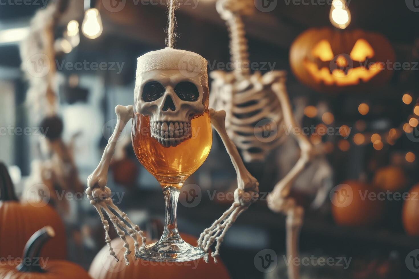 Halloween Beer with Skull Decoration and Pumpkins at Party photo