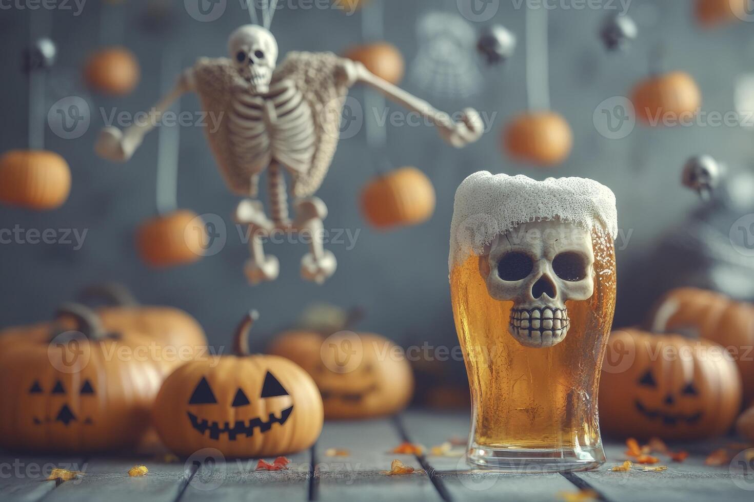 A beer glass with a skeleton in it surrounded by pumpkins photo