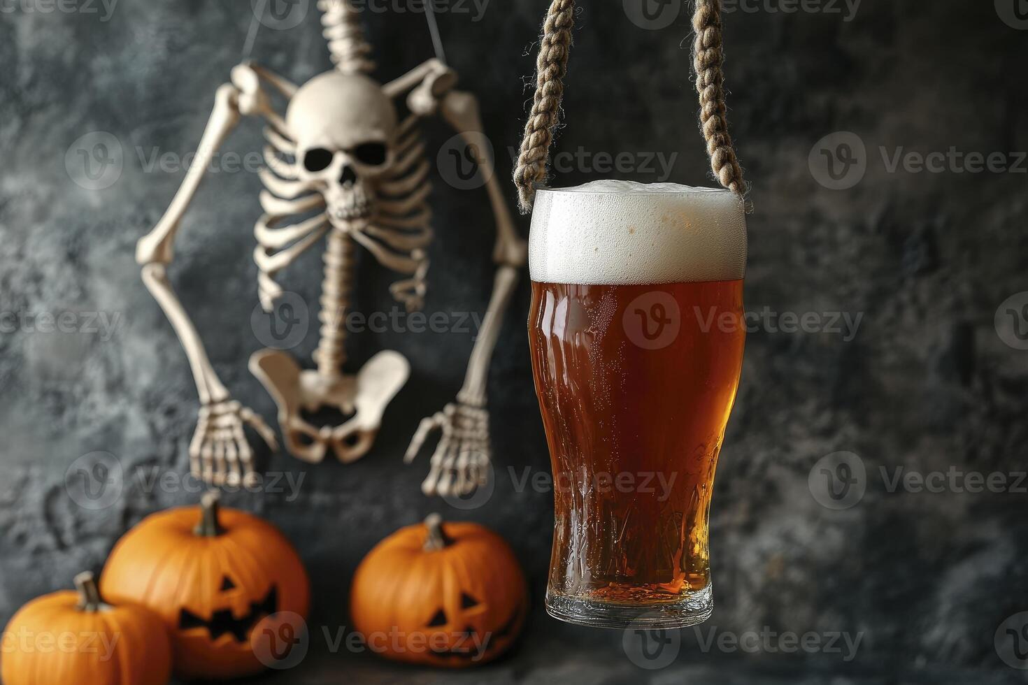 Enjoying Craft Beer in Spooky Halloween Setting with Pumpkins and Skeleton photo