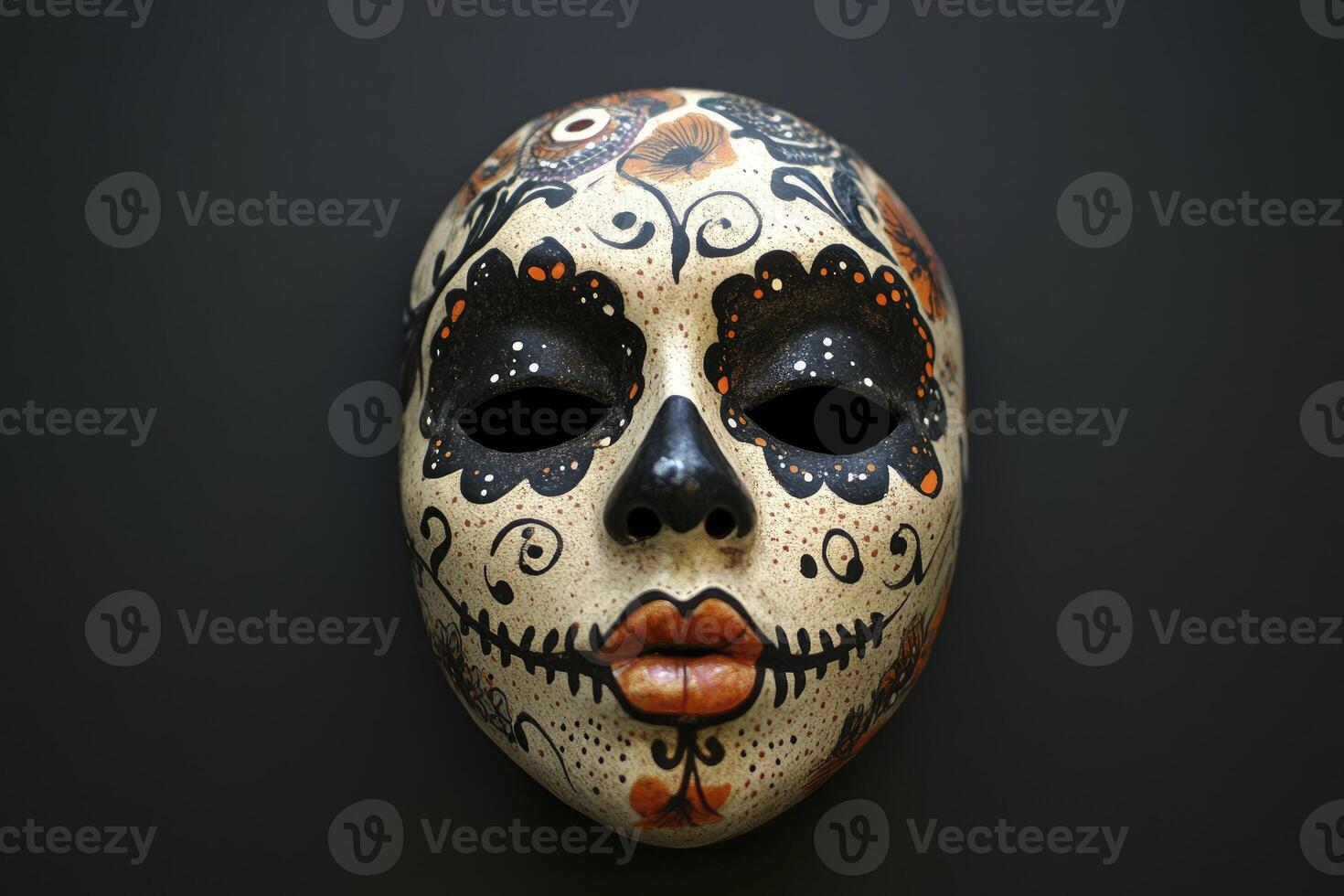 Intricate Day of the Dead Mask on Dark Background Close Up photo