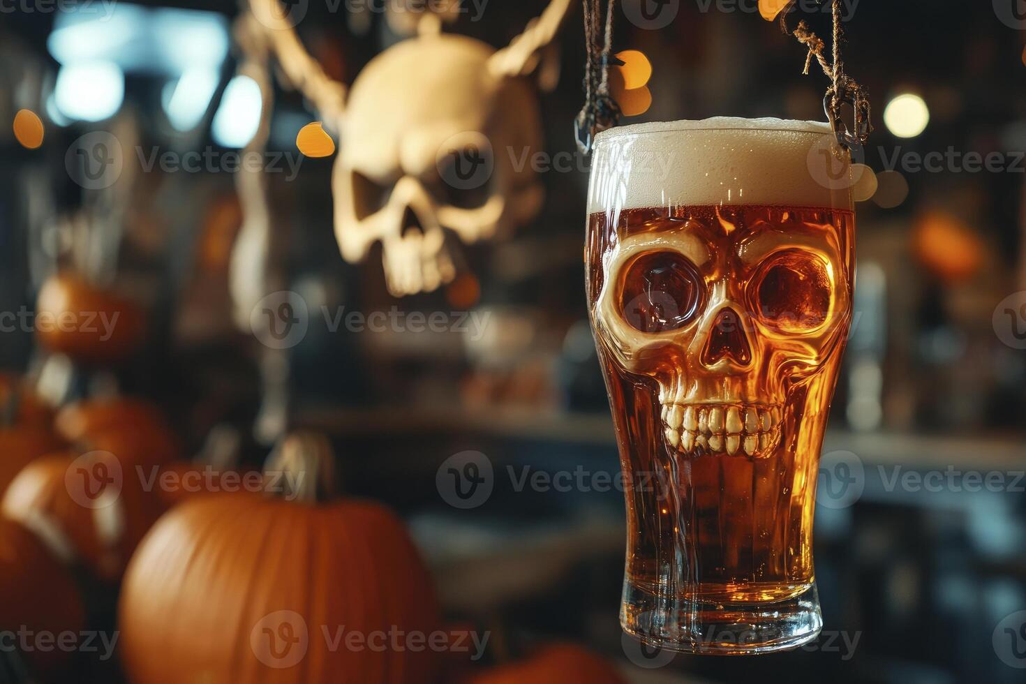 Halloween Skull Glass with Beer on Display Surrounded by Pumpkins photo