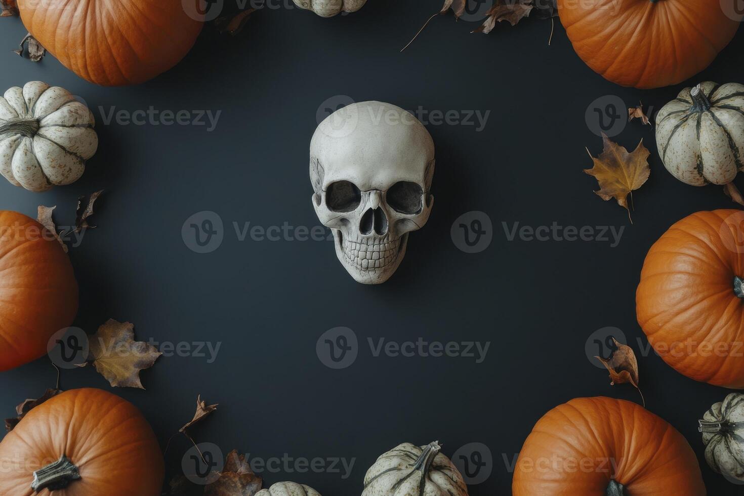 Skull and Pumpkins Flat Lay with Autumn Leaves for Halloween photo