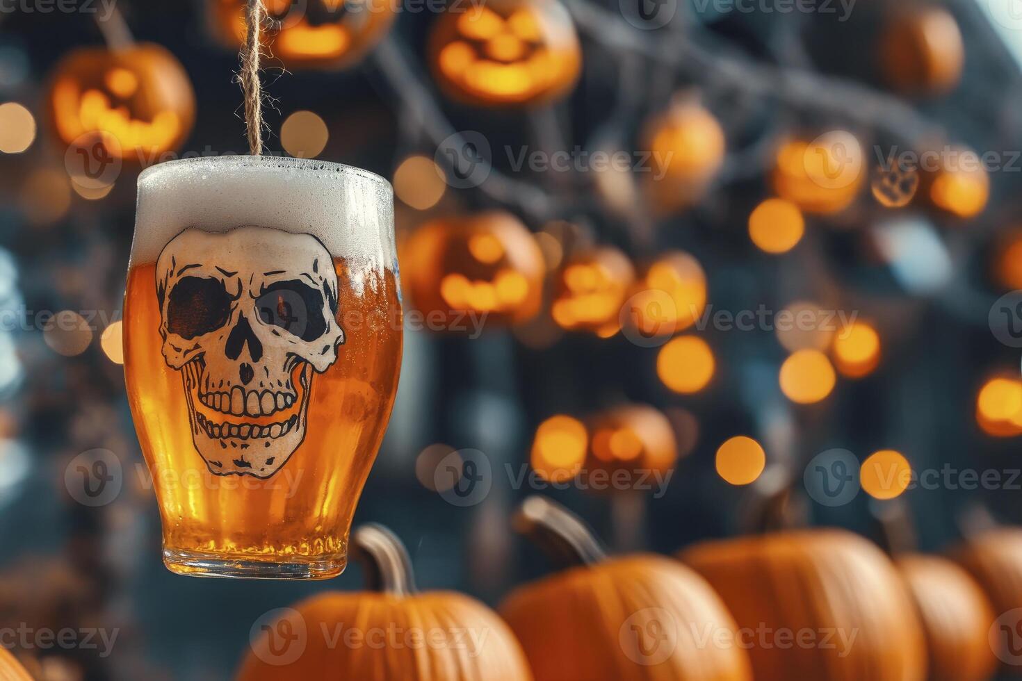 Halloween Beer with Skull Design and Glowing Pumpkins in Background photo