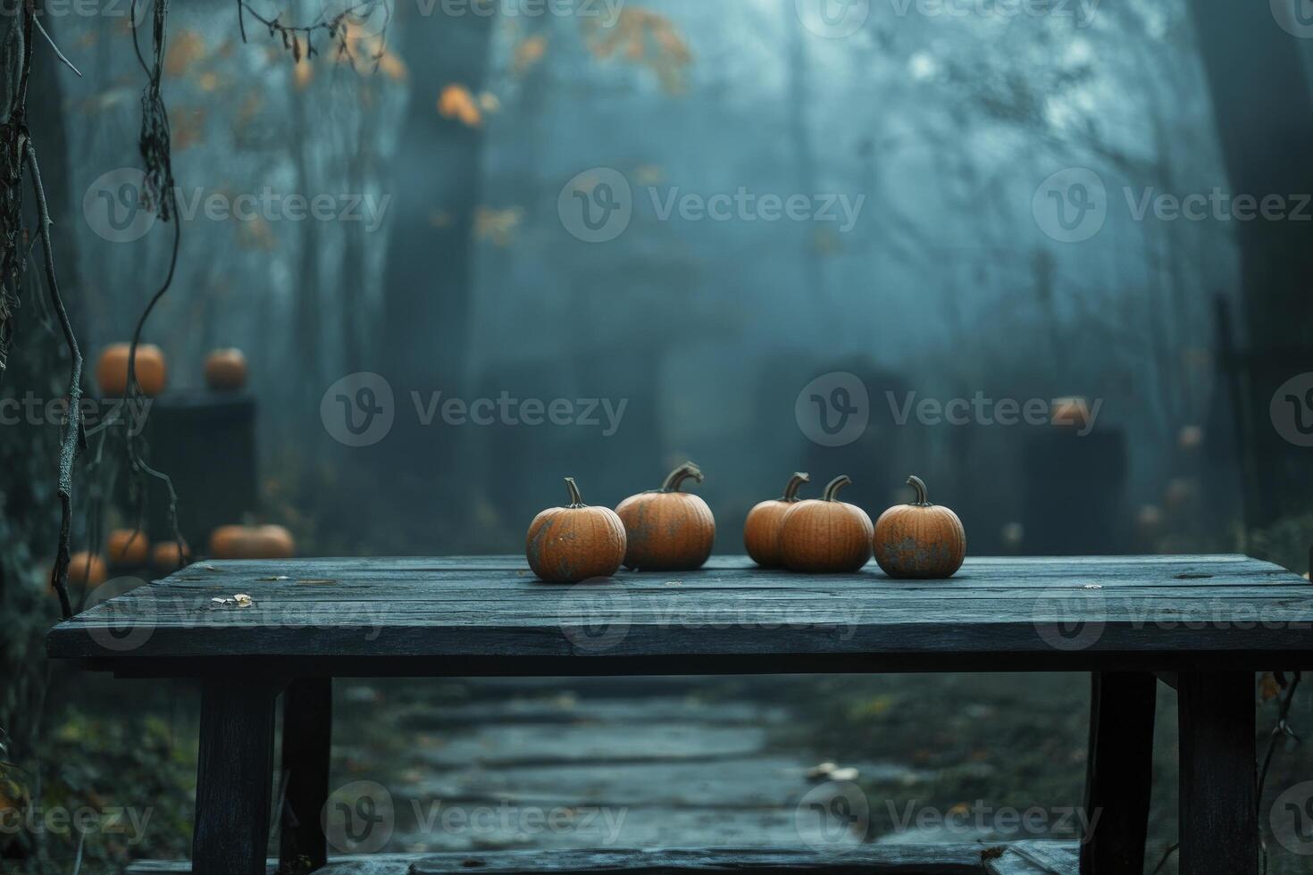 Halloween pumpkins on a table in a foggy forest photo