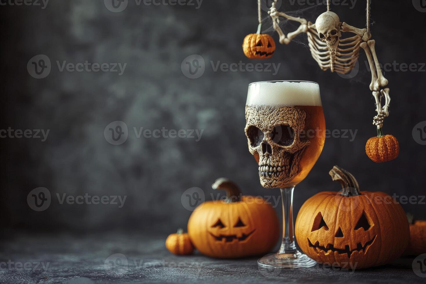 Halloween Beer in Skull Glass with Pumpkins and Skeleton Decor photo