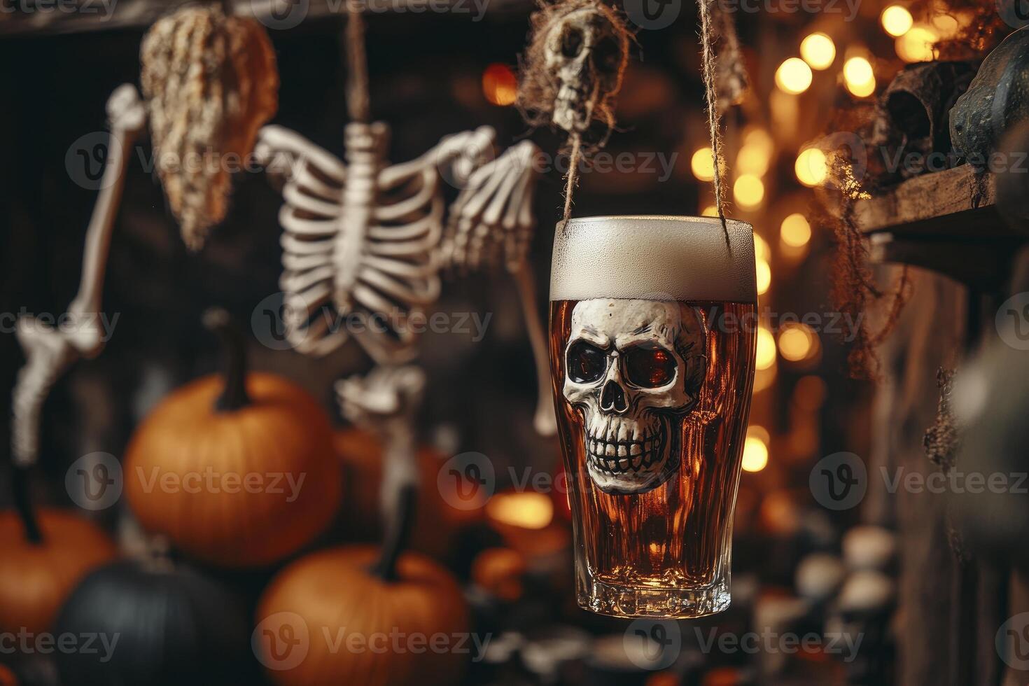 Halloween Beer in Skull Glass with Spooky Skeleton Decor and Pumpkins photo