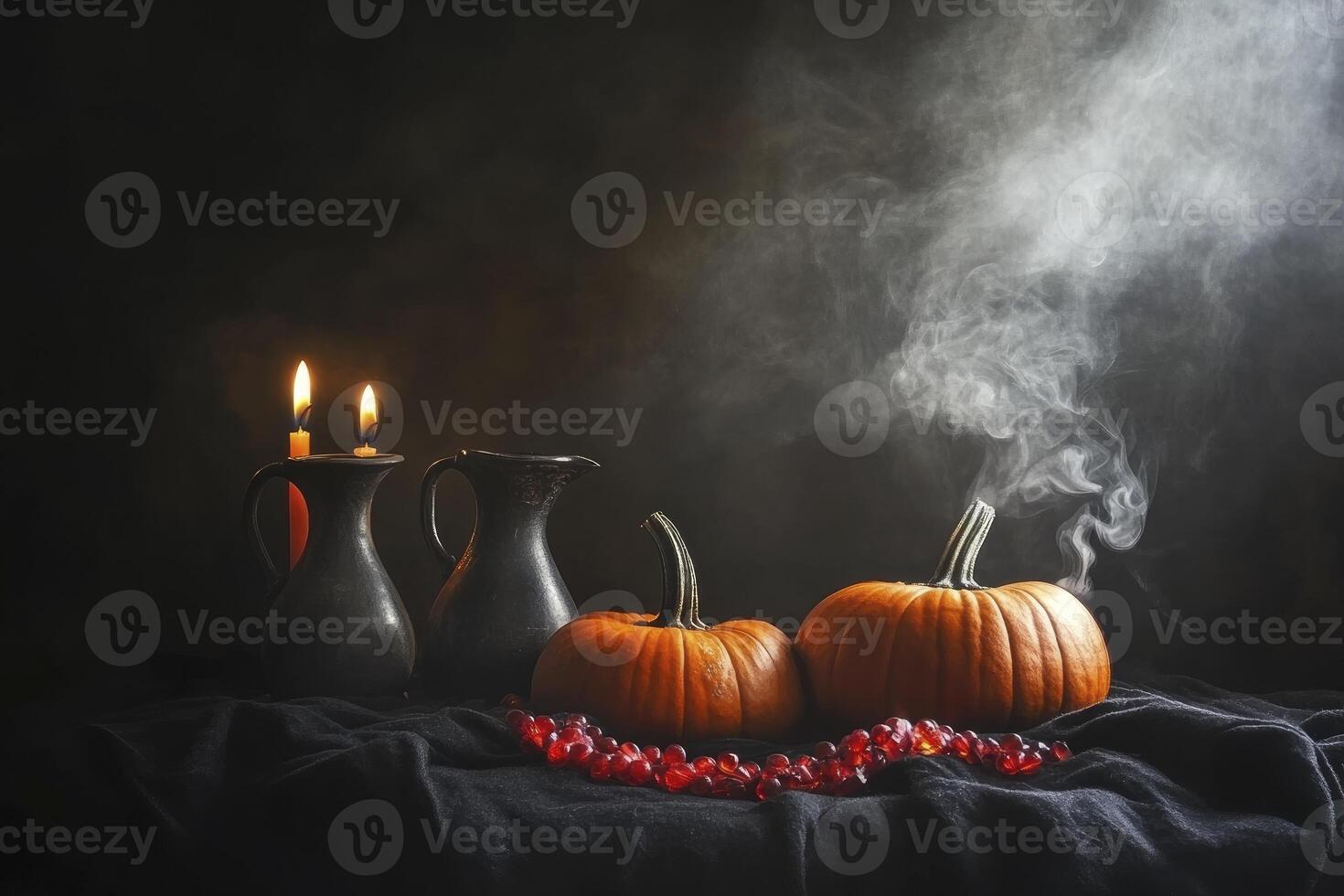 Creating a Spooky Halloween Still Life with Pumpkins, Candles and Smoke photo