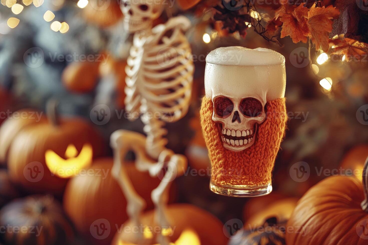 Drinking Skull Beer in Halloween Setting with Skeletons and Pumpkins photo