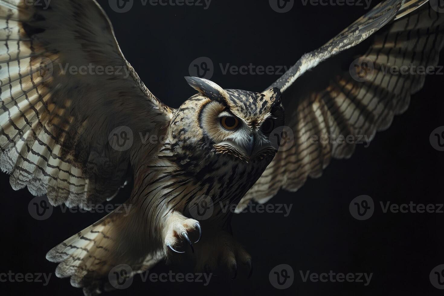 Owl Flying with Open Wings Against a Dark Dramatic Background photo