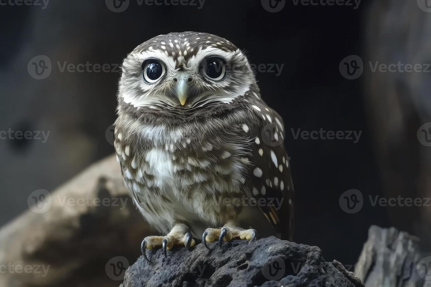 Little Owl Perched on Rock Looking Forward with Big Eyes photo