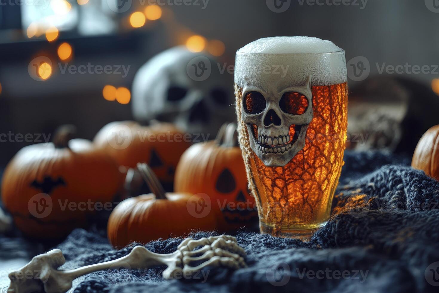 Halloween Beer Glass with Skull Decoration Pumpkins and Bone Details photo
