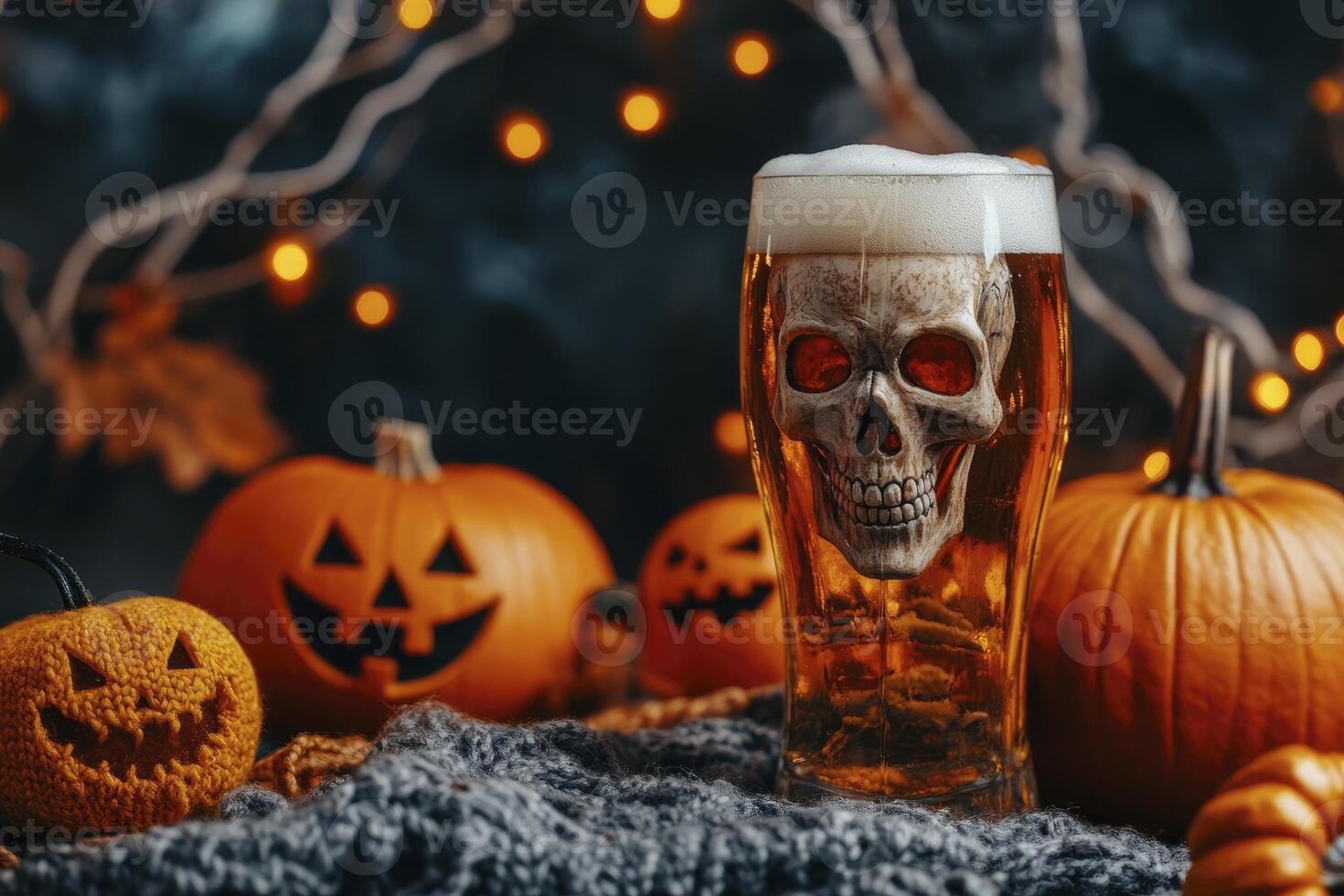 Halloween Beer with Skull and Jack O Lanterns on Knitted Blanket photo