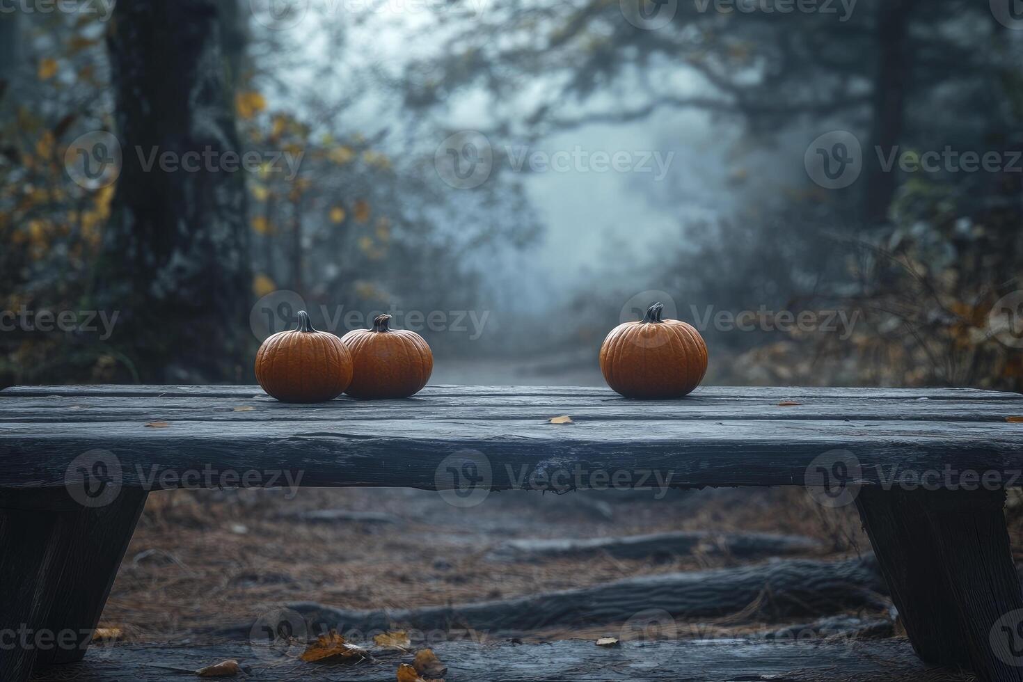 Pumpkins on Wooden Table in Forest with Foggy Autumn Scenery photo