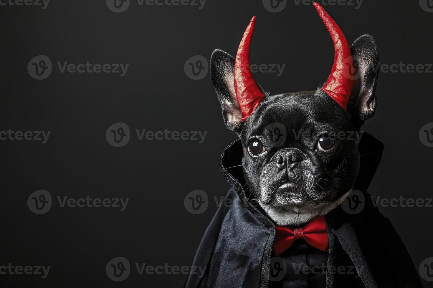 Dog Dressed As Devil for Halloween Party with Red Horns photo
