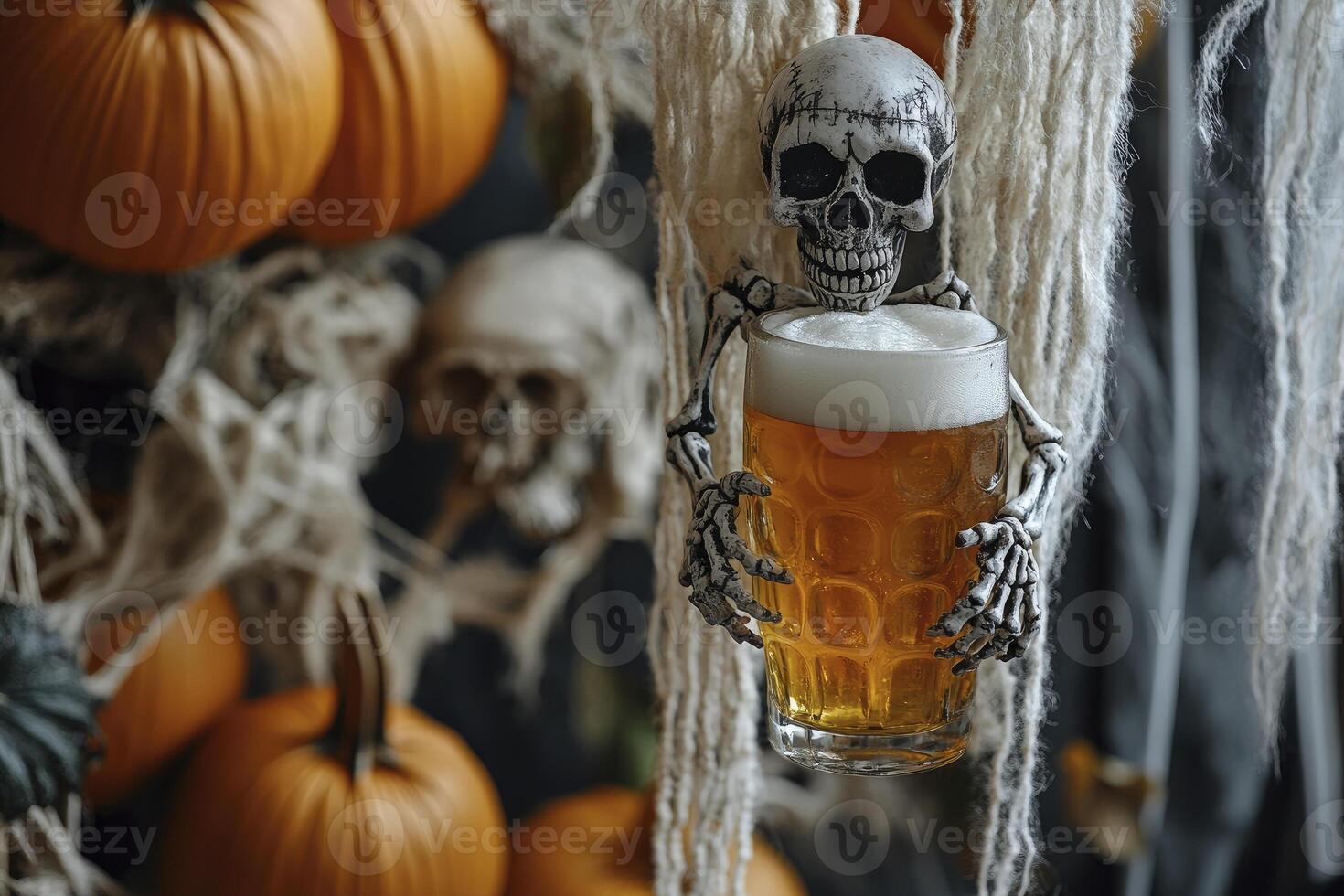 Skeleton Holding Beer Mug with Pumpkins for Halloween Celebration photo