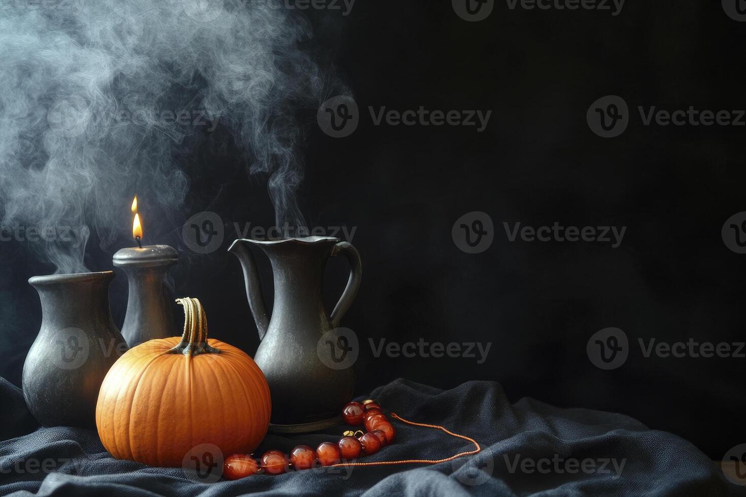 Arrangement with Pumpkin Candle Smoke Beads and Vessels for Halloween photo
