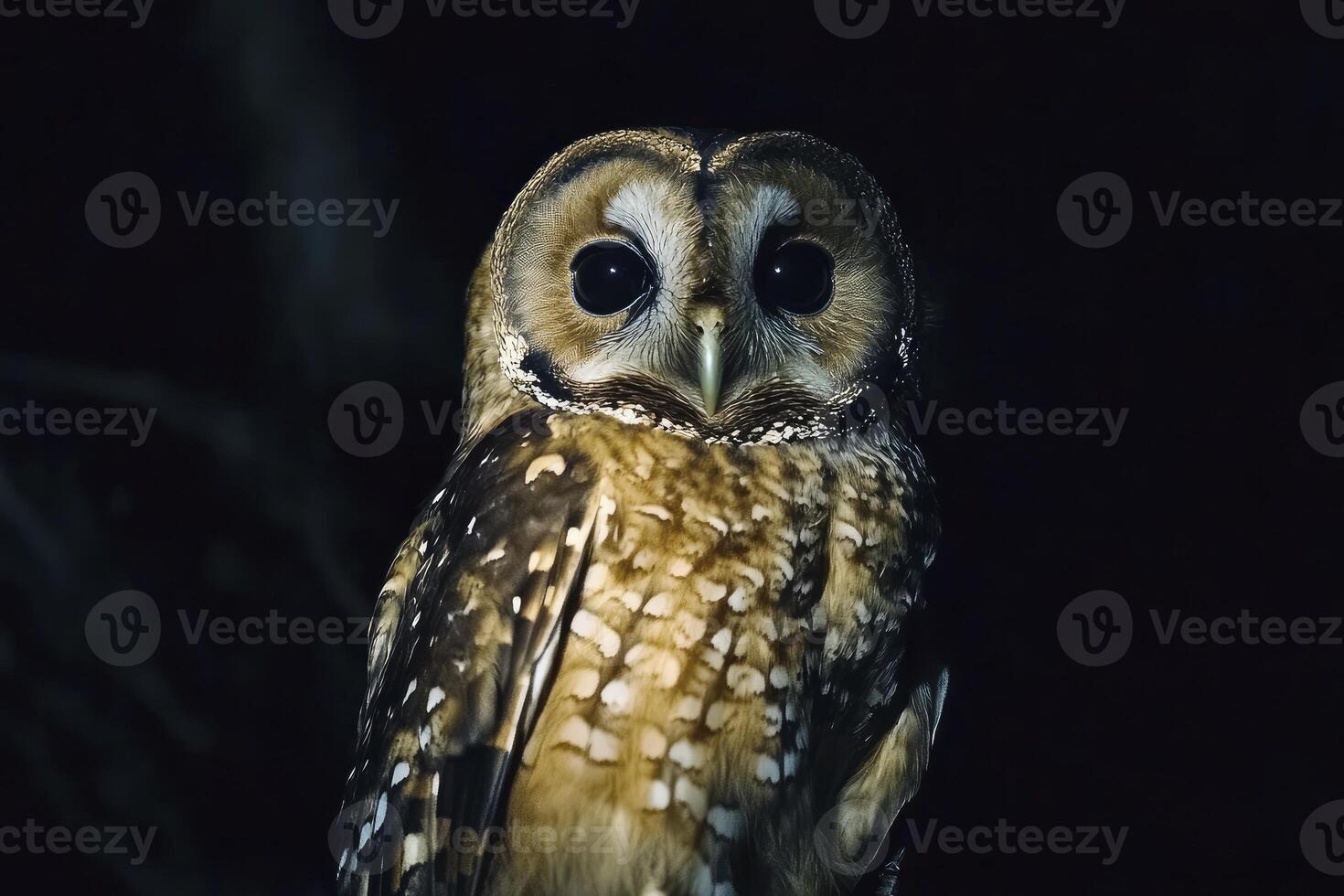 Captivating Owl Portrait at Night with Intense Gaze and Detailed Feathers photo