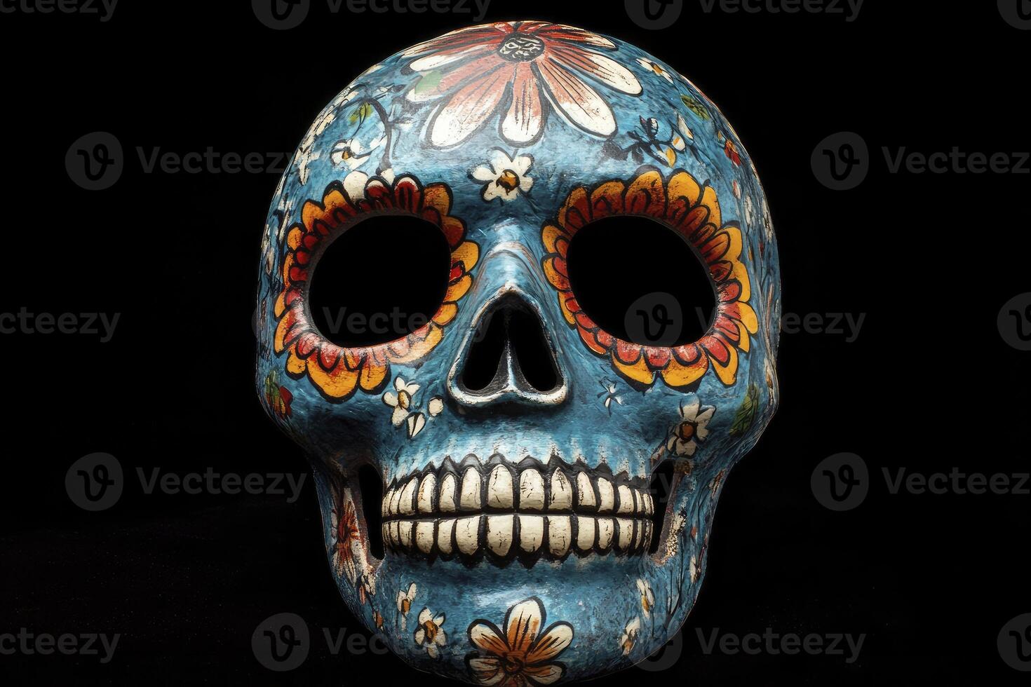 Colorful Sugar Skull with Floral Design Isolated on Black Background photo