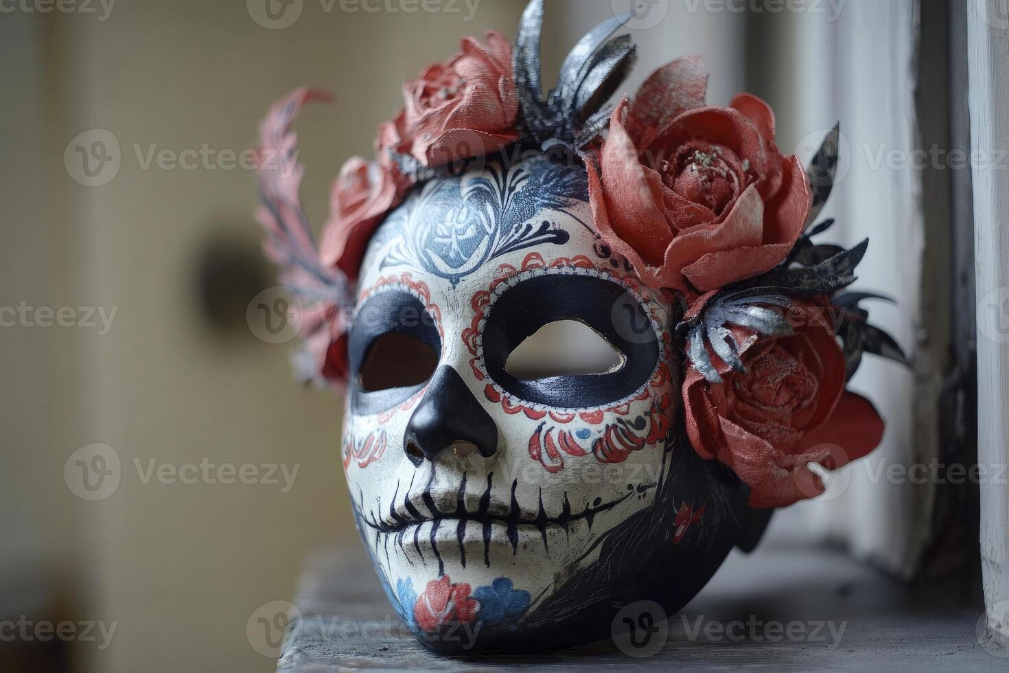 Decorated Sugar Skull Mask Close-up with Flowers for Day of Dead photo